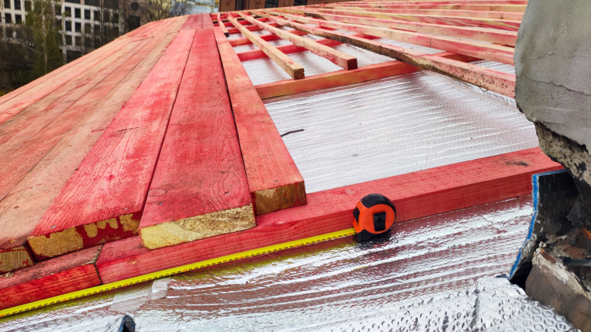 Монтаж настила и проверка размеров на кровельной конструкции