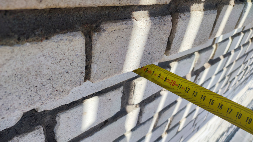 Замер глубины смещения кирпичной облицовки на фасадной стене