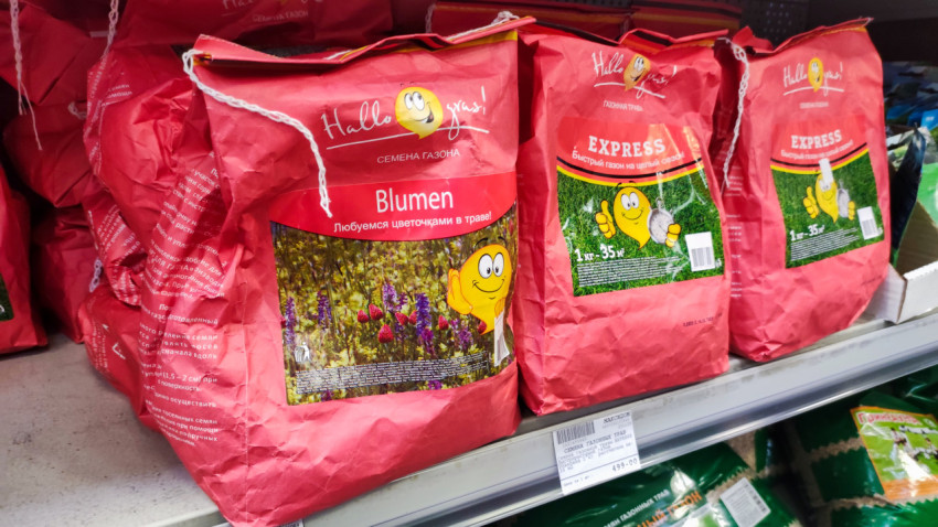 Мешки с семенами газона Blumen и Express на полке магазина