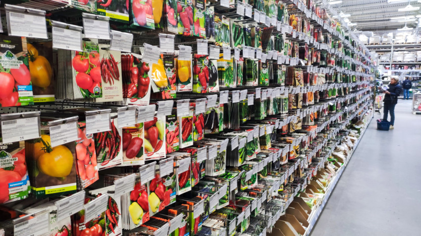 Пакеты семян овощных культур на стеллажах магазина