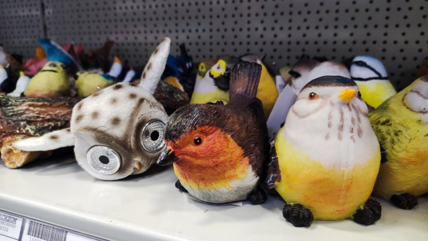 Декоративные фигурки птиц на витрине магазина