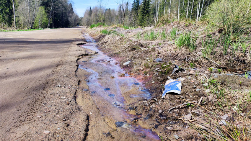 Дорожный сток с минеральными разводами и мусором на обочине