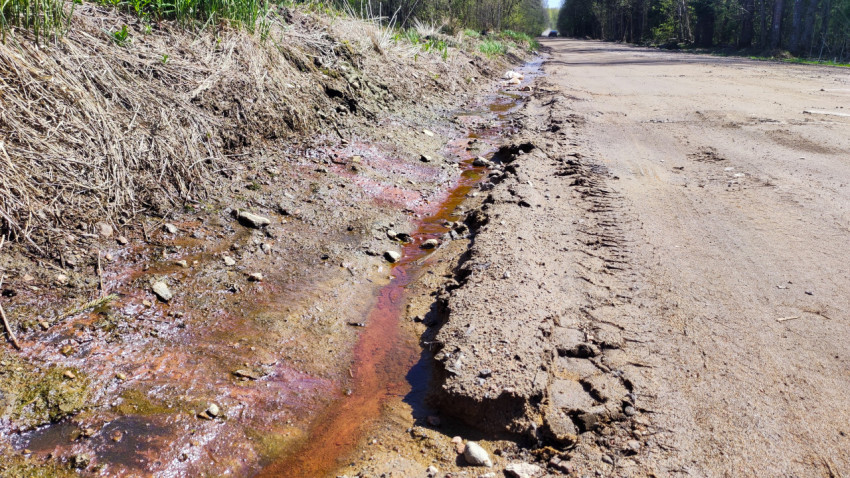 Дренажная канава с рыжими отложениями у грунтовой дороги
