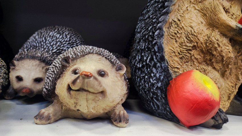 Декоративные фигурки ежей с яблоком на полке магазина