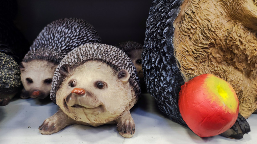 Фигурки ежей с декоративным яблоком в садовом отделе