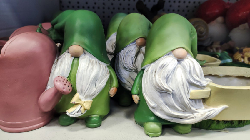Ряд фигурок гномов с белыми бородами на витрине магазина