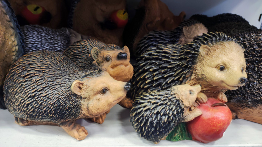 Декоративная композиция ежей с яблоком в магазине