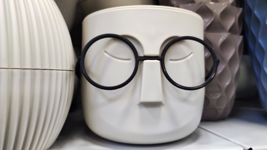 Декоративное кашпо в виде лица с очками на полке магазина