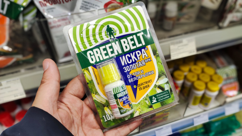 Упаковка средства «Green Belt Искра Золотая ВРК» в руке покупателя