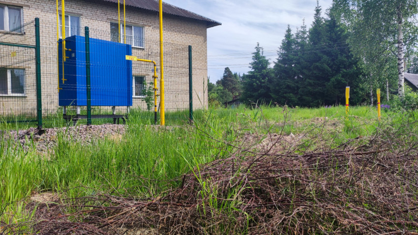 Газовый шкаф в ограждении рядом с кирпичным домом и высокой травой