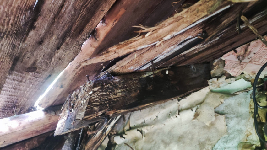 Сгнившая балка и щель в крыше внутри деревянного дома