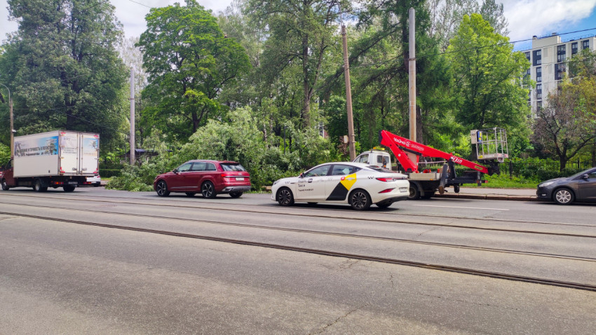 Автовышка и такси Яндекс Go у места уборки упавшего дерева на улице с трамвайными рельсами