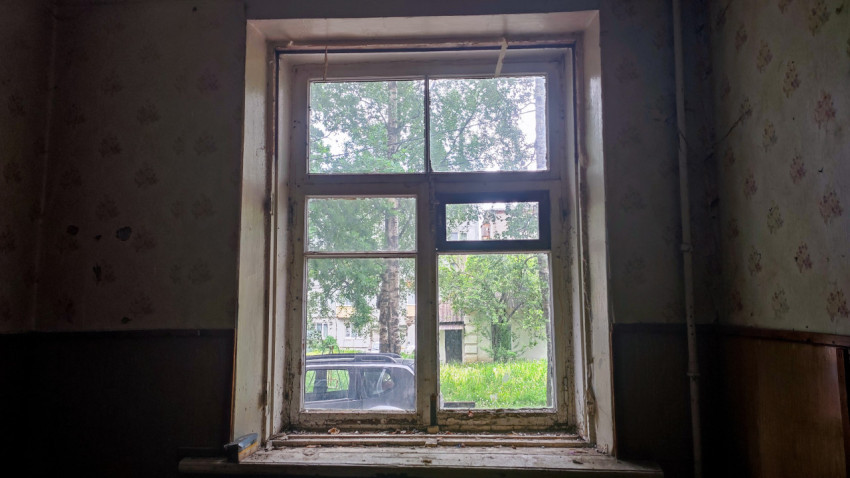 Старое окно с облупившейся рамой и видом на деревья и двор