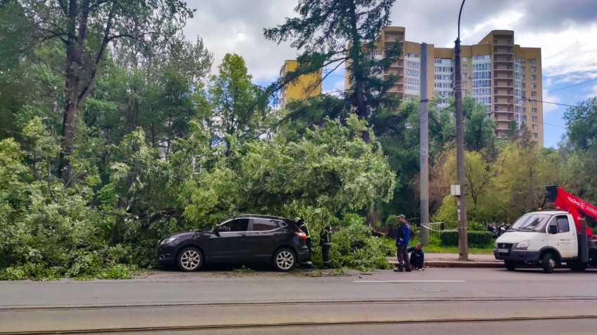 Повреждённый кроссовер под упавшим деревом и коммунальные службы у опоры контактной сети