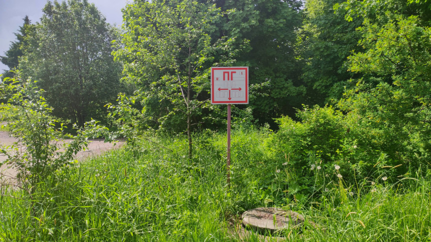 Знак «ПГ» с указанием пожарного гидранта в высокой траве