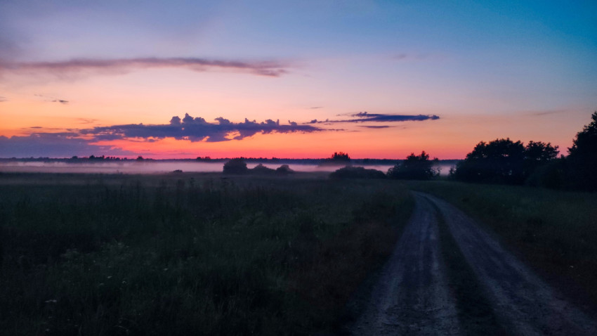 Проселочная дорога через поле в тумане на фоне яркого закатного неба