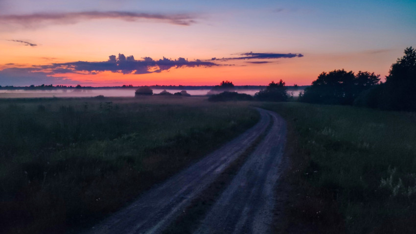 Извилистая грунтовая дорога среди лугов на ярком закате с туманом