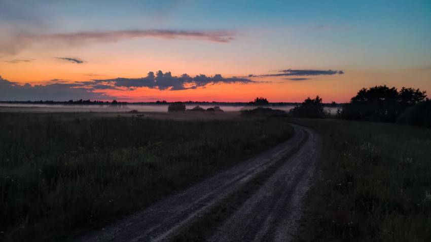 Дорога вдоль полей на закате с туманной полосой у горизонта