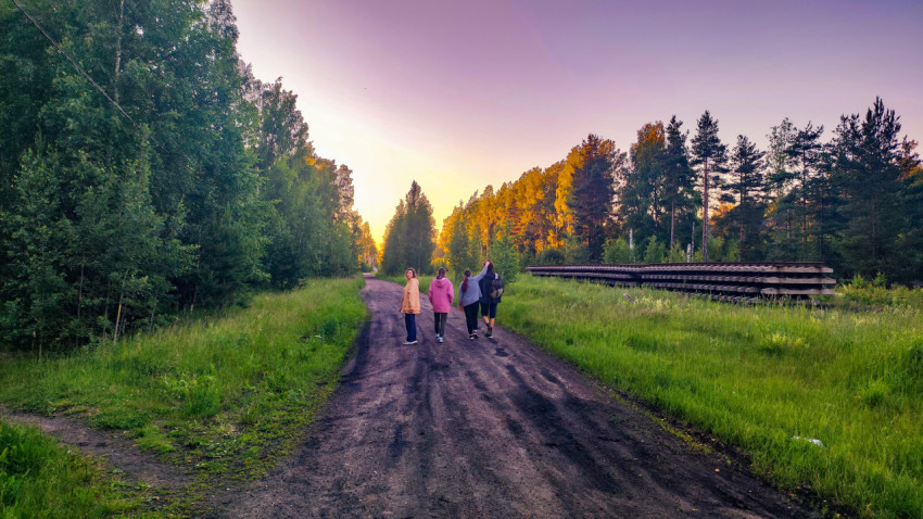 Группа людей идёт по лесной грунтовой дороге на закате рядом со штабелем шпал