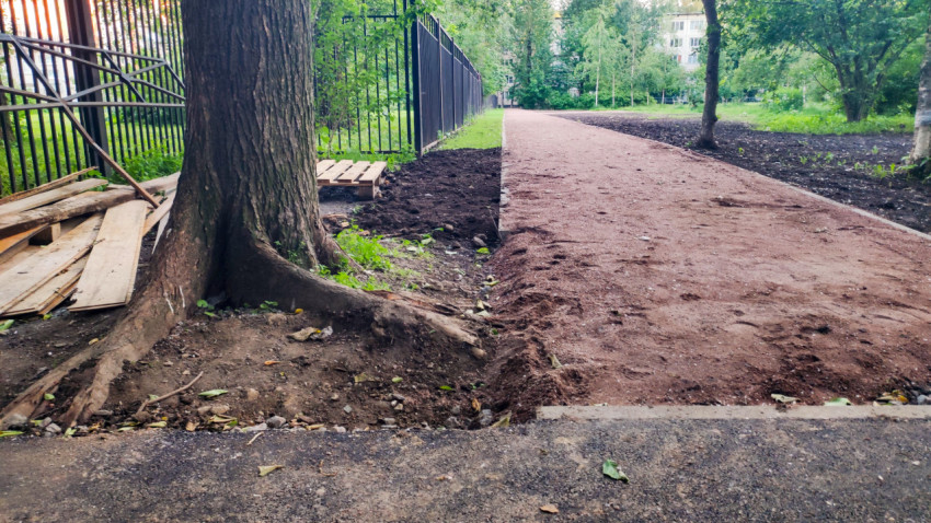 Основание нового тротуара у дерева и забора во дворе