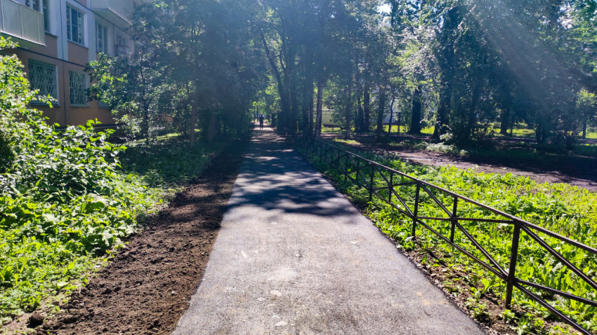 Свежий асфальтовый тротуар в зелёном дворе с металлическим ограждением
