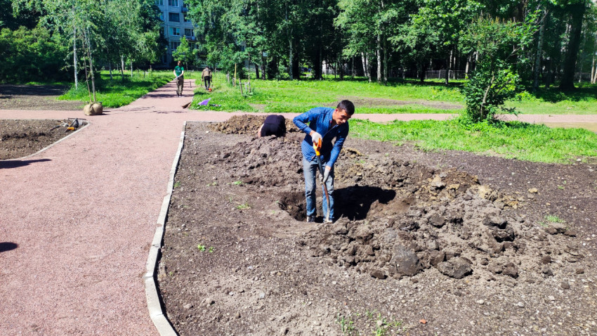 Рабочий с лопатой копает яму у новой дорожки в зелёном дворе