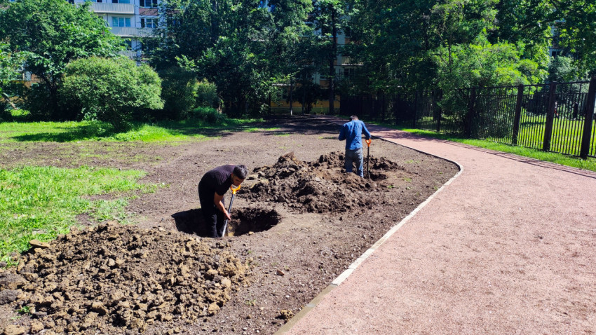 Два рабочих копают посадочные ямы вдоль изогнутой дорожки у ограды