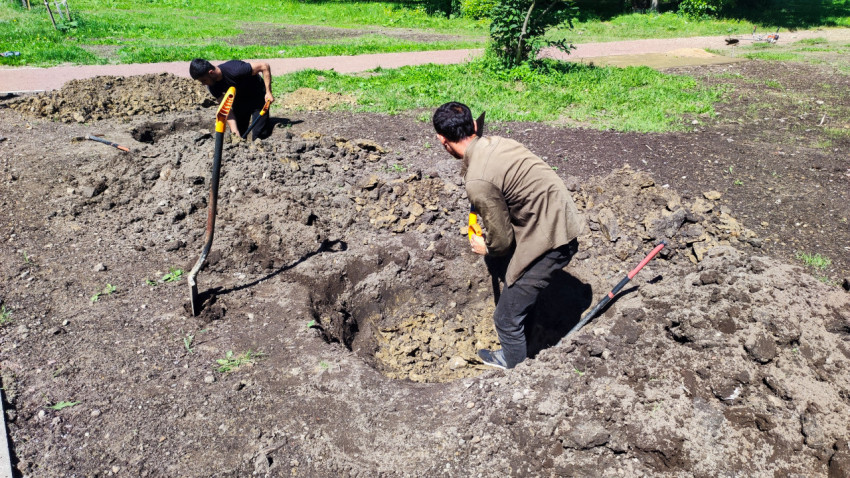 Рабочие копают яму на участке благоустройства рядом с дорожкой