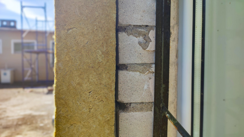 Узел примыкания минеральной ваты к оконному проёму на кирпичной стене