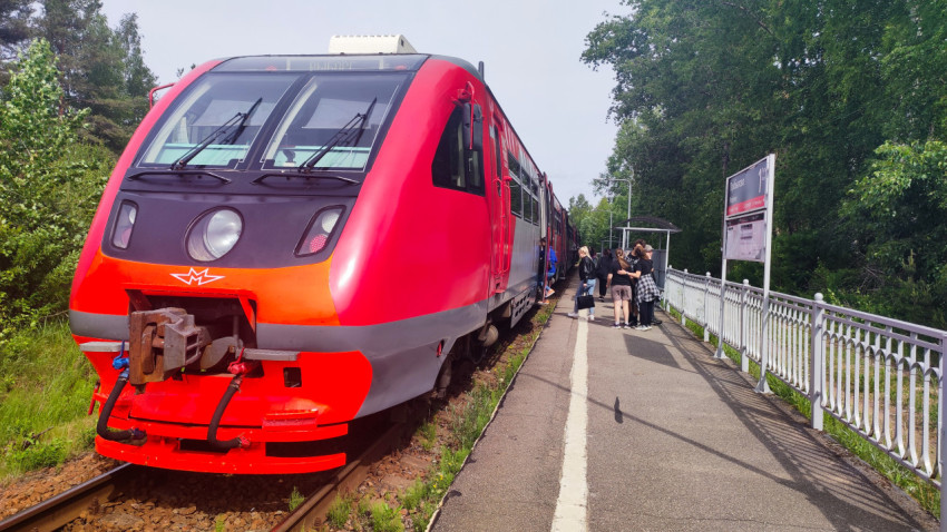 Пассажиры у вагонов пригородного поезда на остановочном пункте «Прибылово»