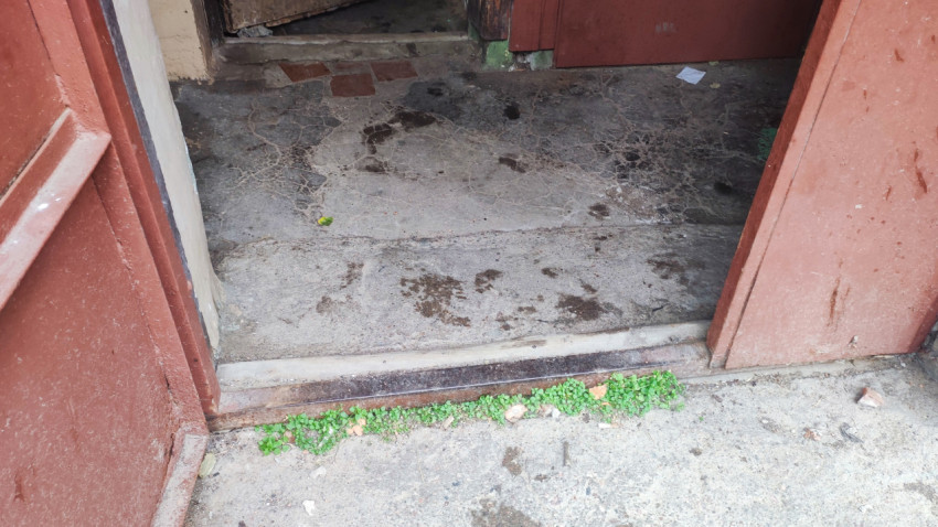 Порог и входная группа подъезда с открытыми деревянными дверями и бетонным полом