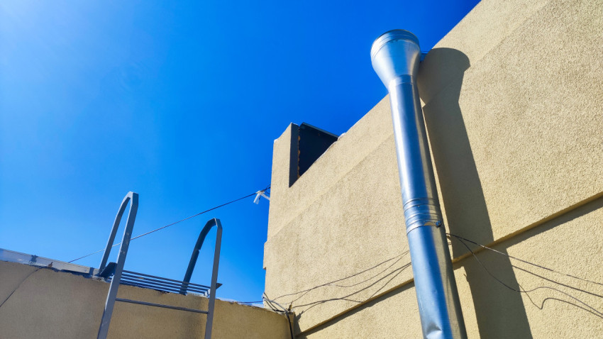 Водосточная труба на фасаде у парапета с кабелями и стационарной лестницей выхода на крышу