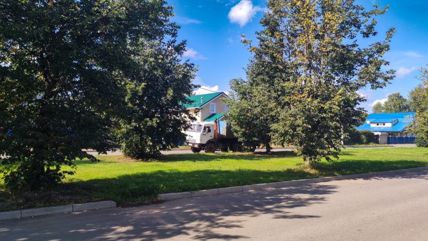 Грузовик с открытым кузовом стоит у частных домов за полосой деревьев