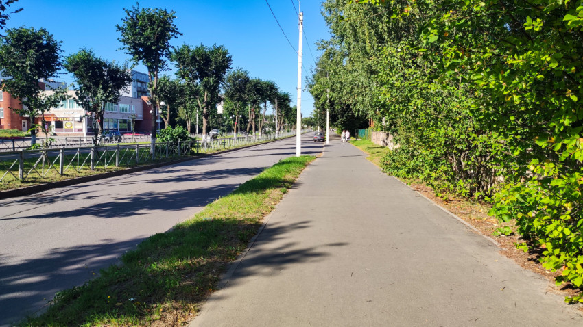 Длинный тротуар и дорога с ограждением, кустами и проводами в жилом районе