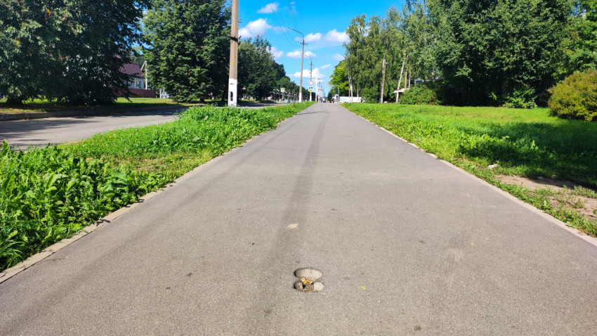 Тротуар у дороги с небольшой выбоиной и листьями в разрушенном асфальте