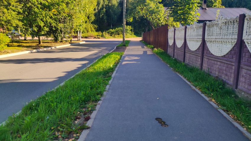 Асфальтовая дорожка вдоль забора с травой по краю и пятном на покрытии