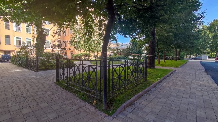 Пешеходные дорожки и газон во дворе с деревьями и металлическим ограждением