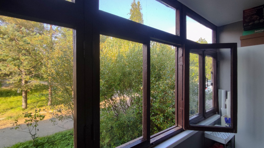 Открытое окно на лоджии и вид на зелёные деревья за стеклом