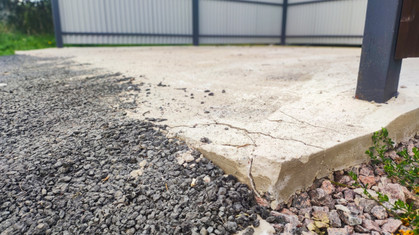 Сколотая кромка бетонной плиты и щебёночная отсыпка возле ограждённой площадки