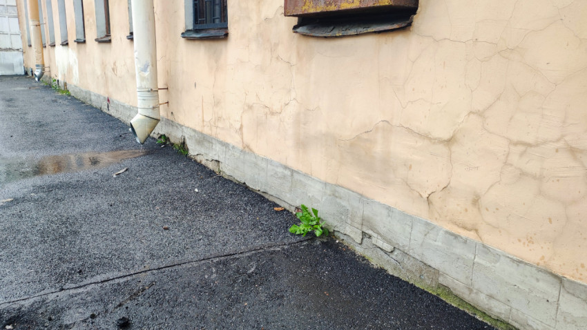 Намокание у основания фасада с водосточной системой и повреждённой отделкой цоколя на придомовой территории