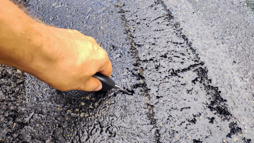 Рука с автомобильным брелоком указывает на стык и трещину в асфальте крупным планом
