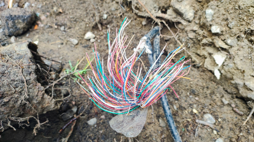 Конец повреждённого кабеля с цветными жилами и изоляционной лентой, вид сверху