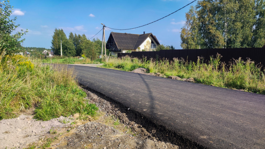 Ровный новый асфальт вдоль чёрного забора, рядом высокая трава и частные дома