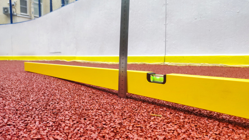 Низкий ракурс измерения перепада на резиновой крошке строительным уровнем