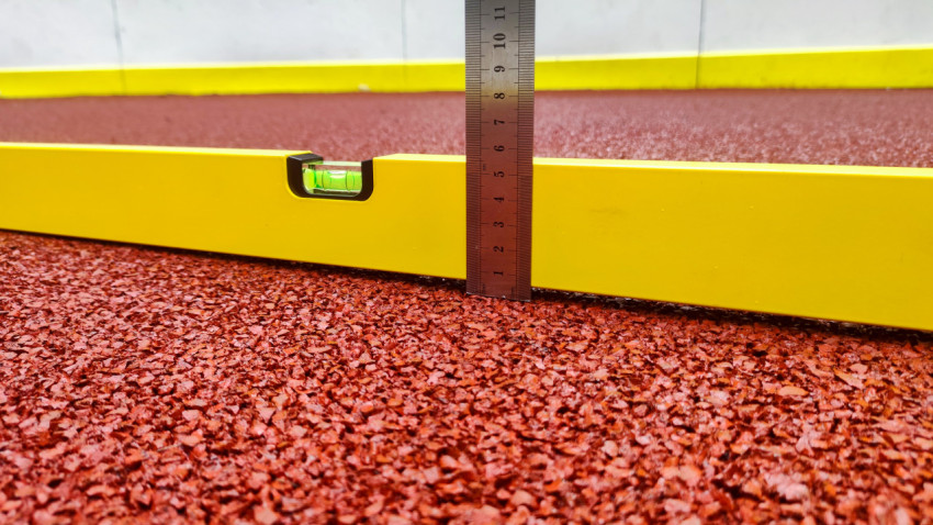 Измерение перепада высоты резинового покрытия с помощью уровня и металлической линейки