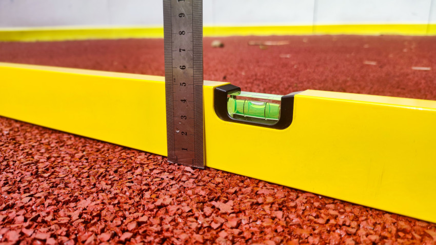 Пузырьковый уровень и линейка при проверке покрытия из резиновой крошки