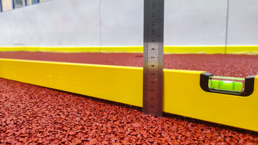 Пузырьковый уровень и линейка для замера перепадов на резиновом покрытии