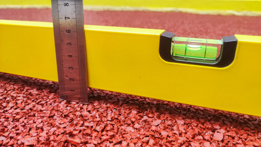 Крупный план пузырькового уровня и линейки при проверке резинового настила