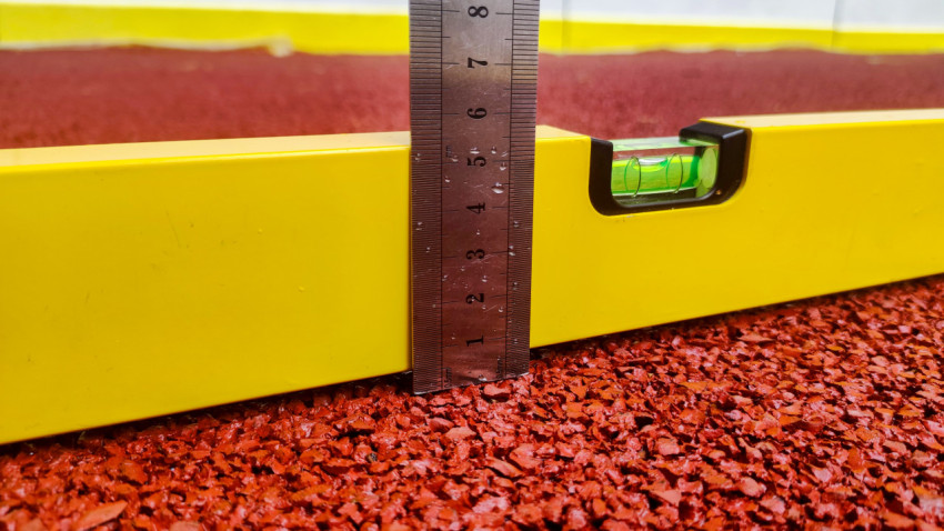 Пузырьковый уровень и линейка при приемке покрытия спортивной площадки