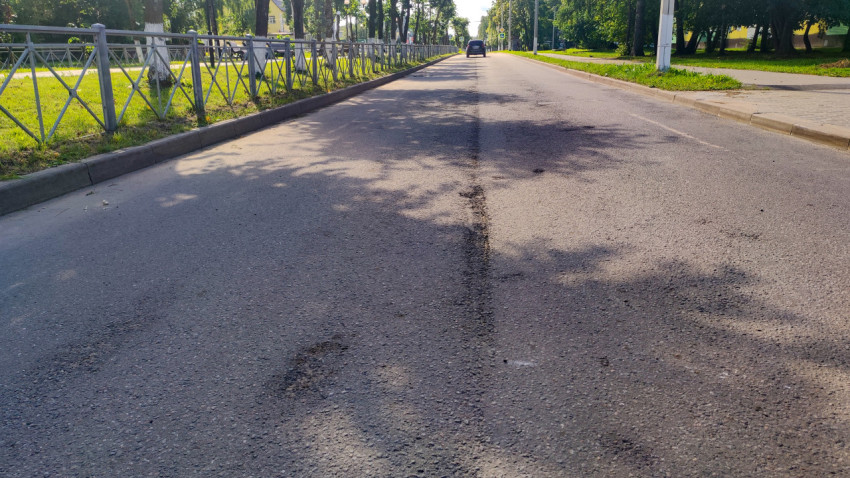 Улица с асфальтовым покрытием, ограждением и дорожным знаком пешеходного перехода